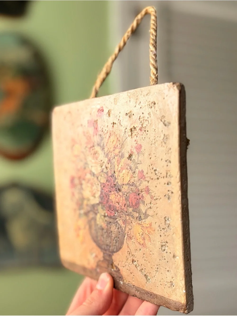 Vintage Rustic Plaque with Potted Floral Arrangement Bouquet by Barbara Mock